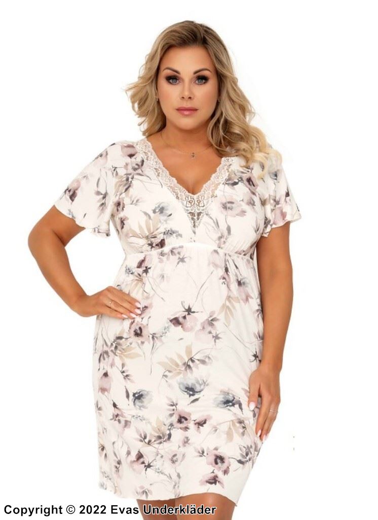 Nightie, high quality viscose, lace trim, short sleeves, flowers, plus size